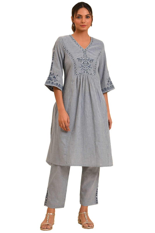 W for Woman Blue Embroidered Kurta & Pants Co-ord Set
