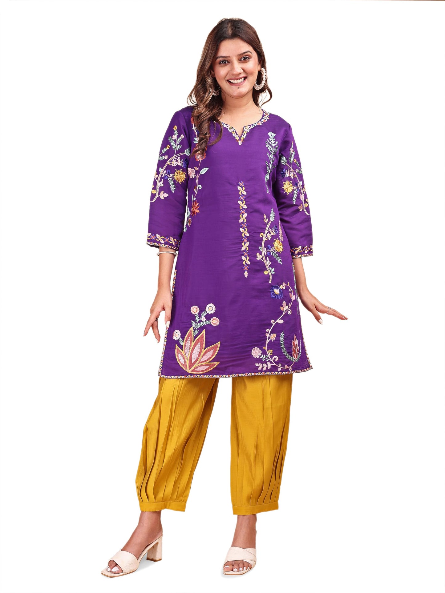 Womanista Womens Silk Blend Solid Regular 2 PC Co-ord Set 9251_Purple
