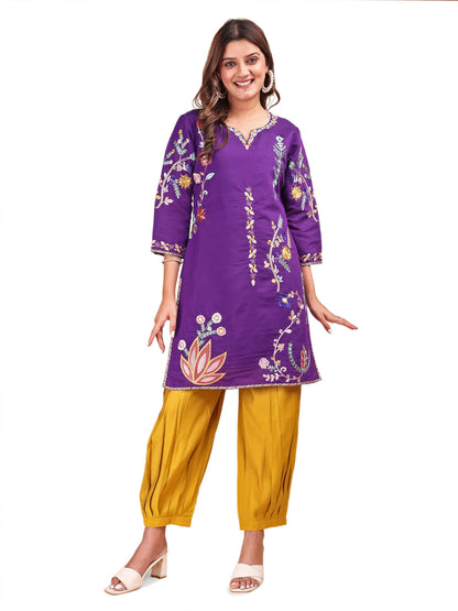 Womanista Womens Silk Blend Solid Regular 2 PC Co-ord Set 9251_Purple