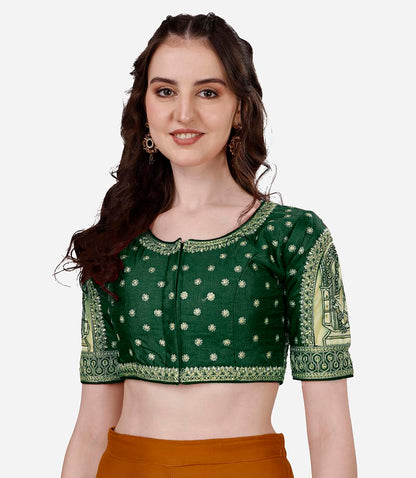 Pujia Mills Womens Heavy Embroidery Coding with Sequins and Diamond Work Half Sleeves Fancy Cutwork Readymade Saree Blouse.(Pal