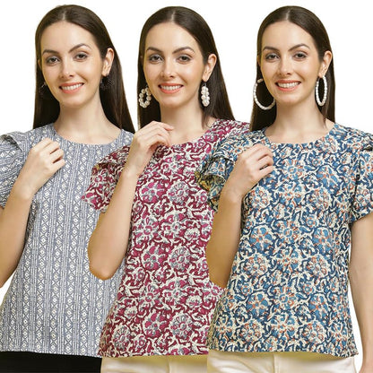 Pinkmint Womens Printed Combo Tops ll Regular Fit Ruffle Trim Petal Sleeve ll Fancy Girls Top (Pack of 3)