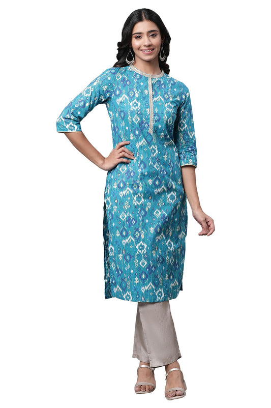 Aurelia WomenS Geometric Printed Printed Straight Long Blue Cotton Kurta