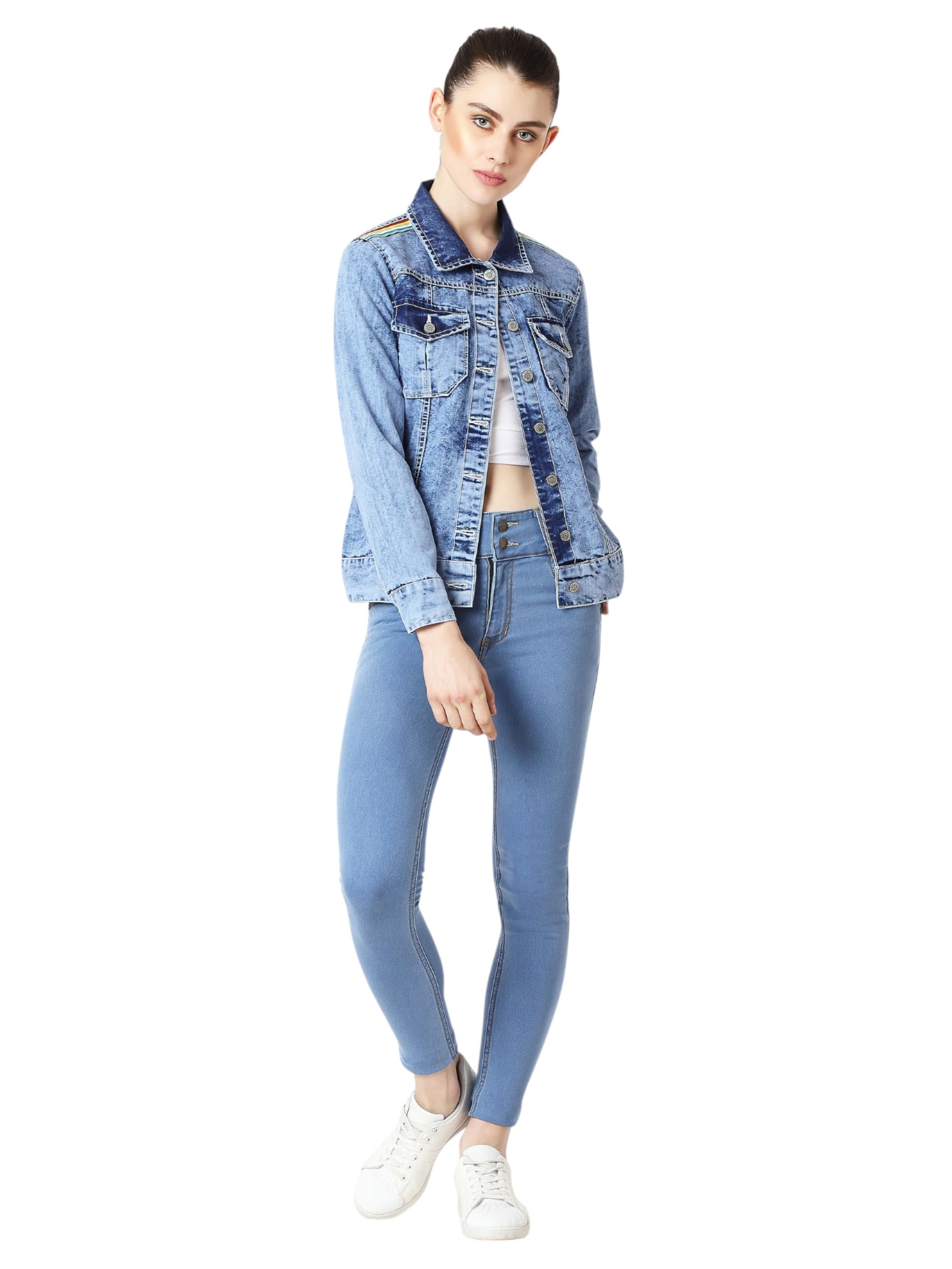 Miss Chase Womens Collared Full Sleeve Buttoned Ice Wash Multicolored Twill Tape Detailing Denim Jacket (MCSS25DEN68-60-547-06,