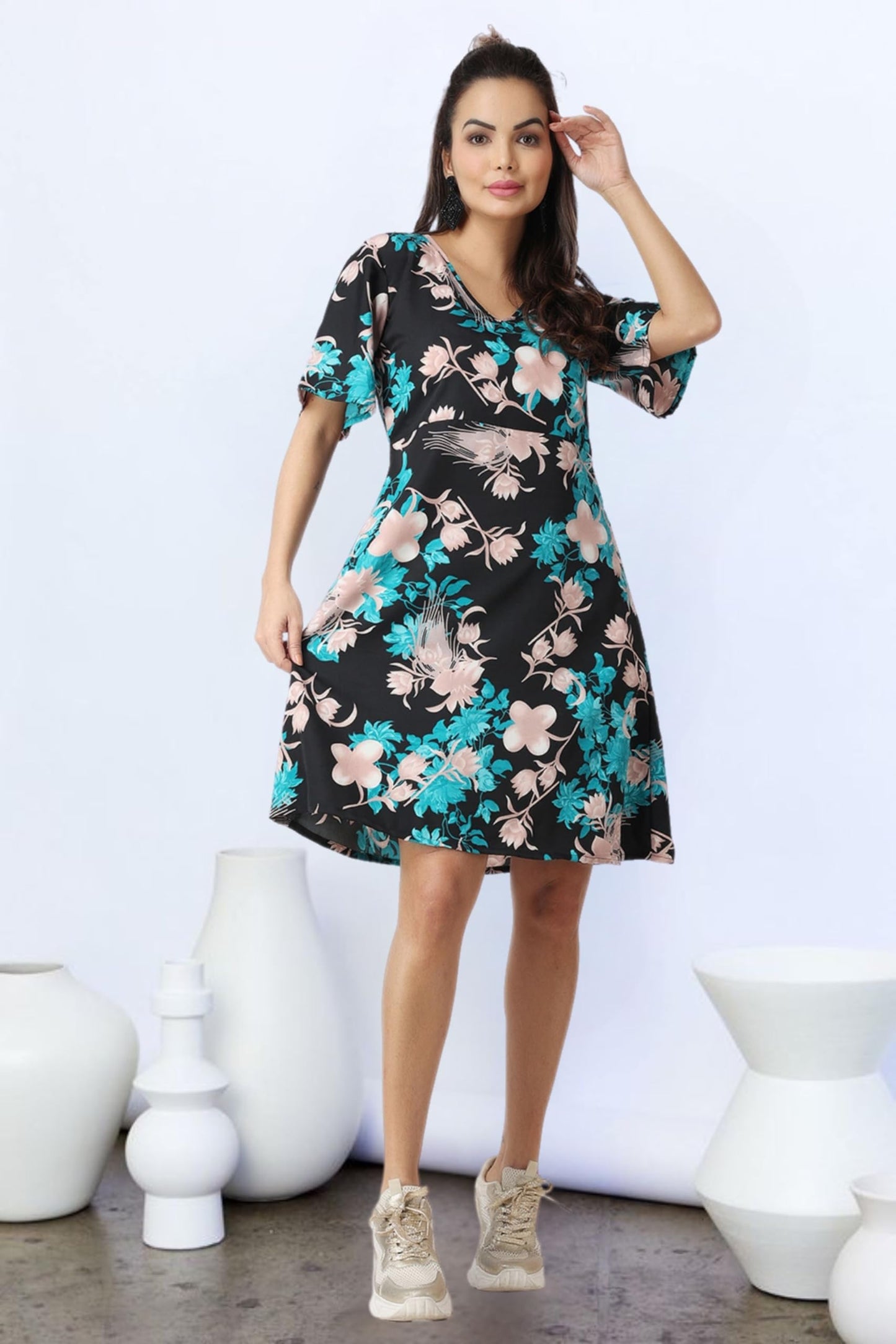 POPWINGS Casual Printed V-Neck Short Sleeves Knee-Length Fit and Flare Dress for Women || Frokc-Style Summer Wear Dresses for Wo