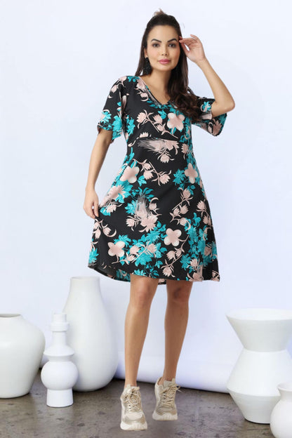 POPWINGS Casual Printed V-Neck Short Sleeves Knee-Length Fit and Flare Dress for Women || Frokc-Style Summer Wear Dresses for Wo