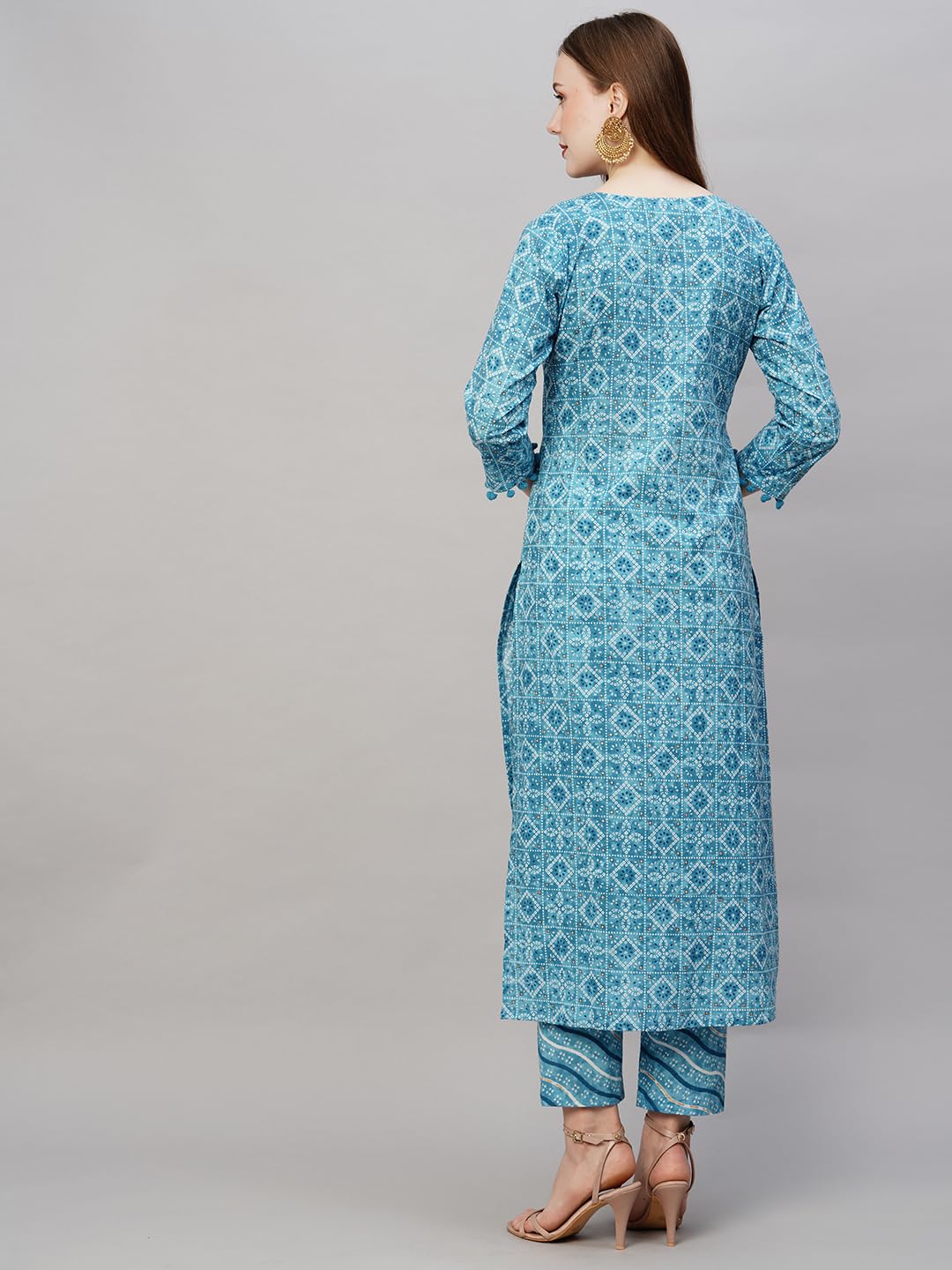 ANNI DESIGNER Women's Cotton Blend Printed Straight Kurta with Pant (Dagi Blue_S_Blue_Small)
