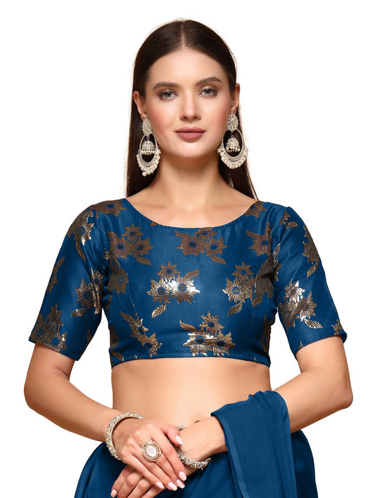Oomph! WomenS Indian Ethnic Wear Designer Floral Pattern Zari Work Boat Neck Half Sleeve Teal Blue Color Brocade Readymade Blou