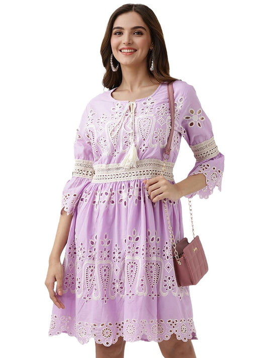 Ishin Schiffli Pure Cotton A-Line Dress Lilac