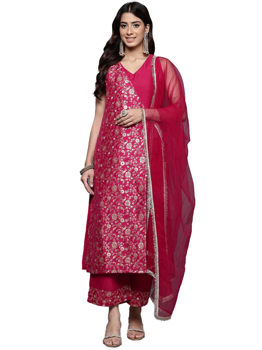 Varanga Women Brocade Angrakha Style Kurta Paired with Tonal Bottom and Dupatta