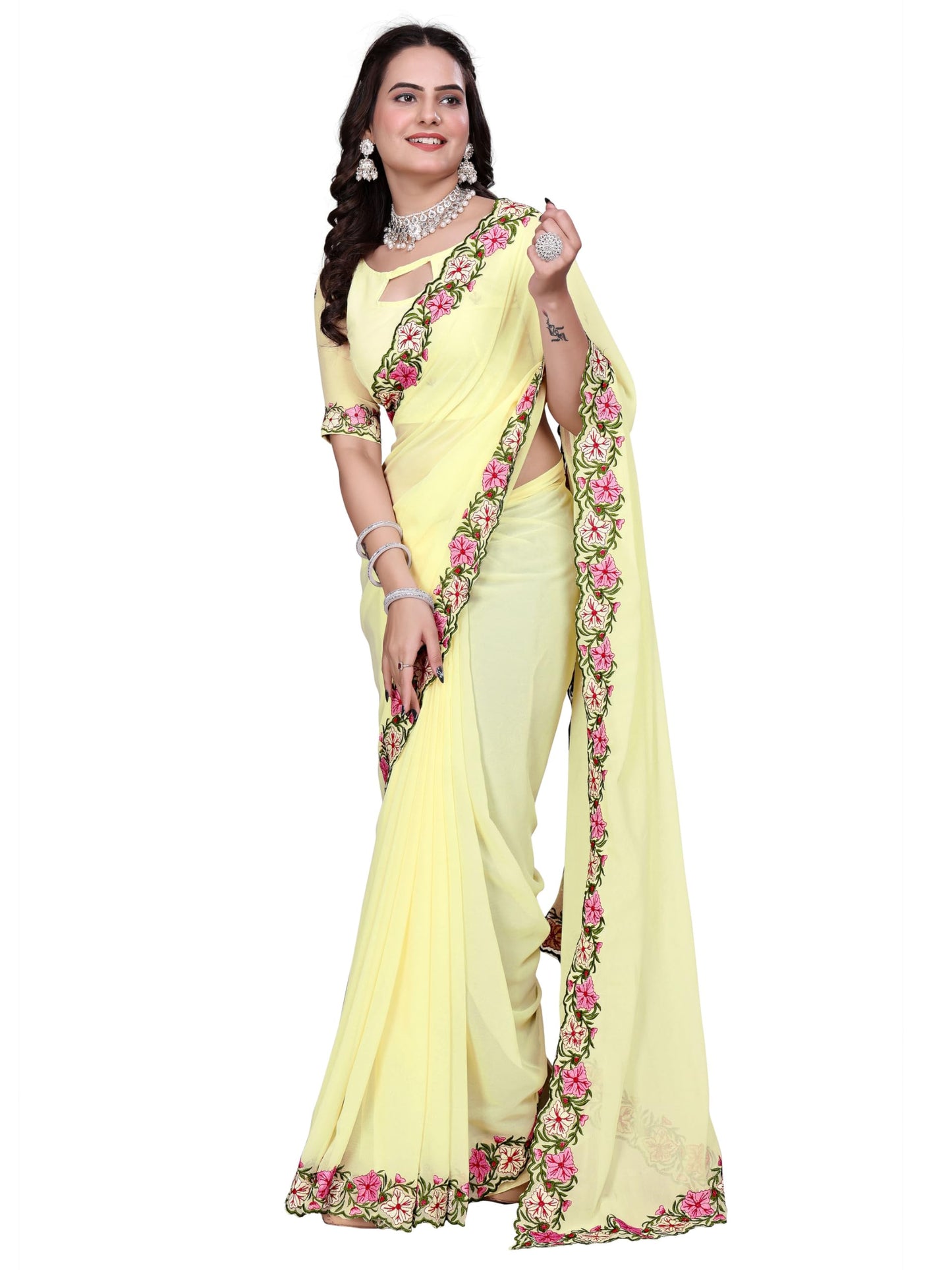 Suketa WomenS Soft Georgette Saree With Floral Printed Border Unstitched Blouse Piece Solid Pattern | Saree For Woman Daily Wear