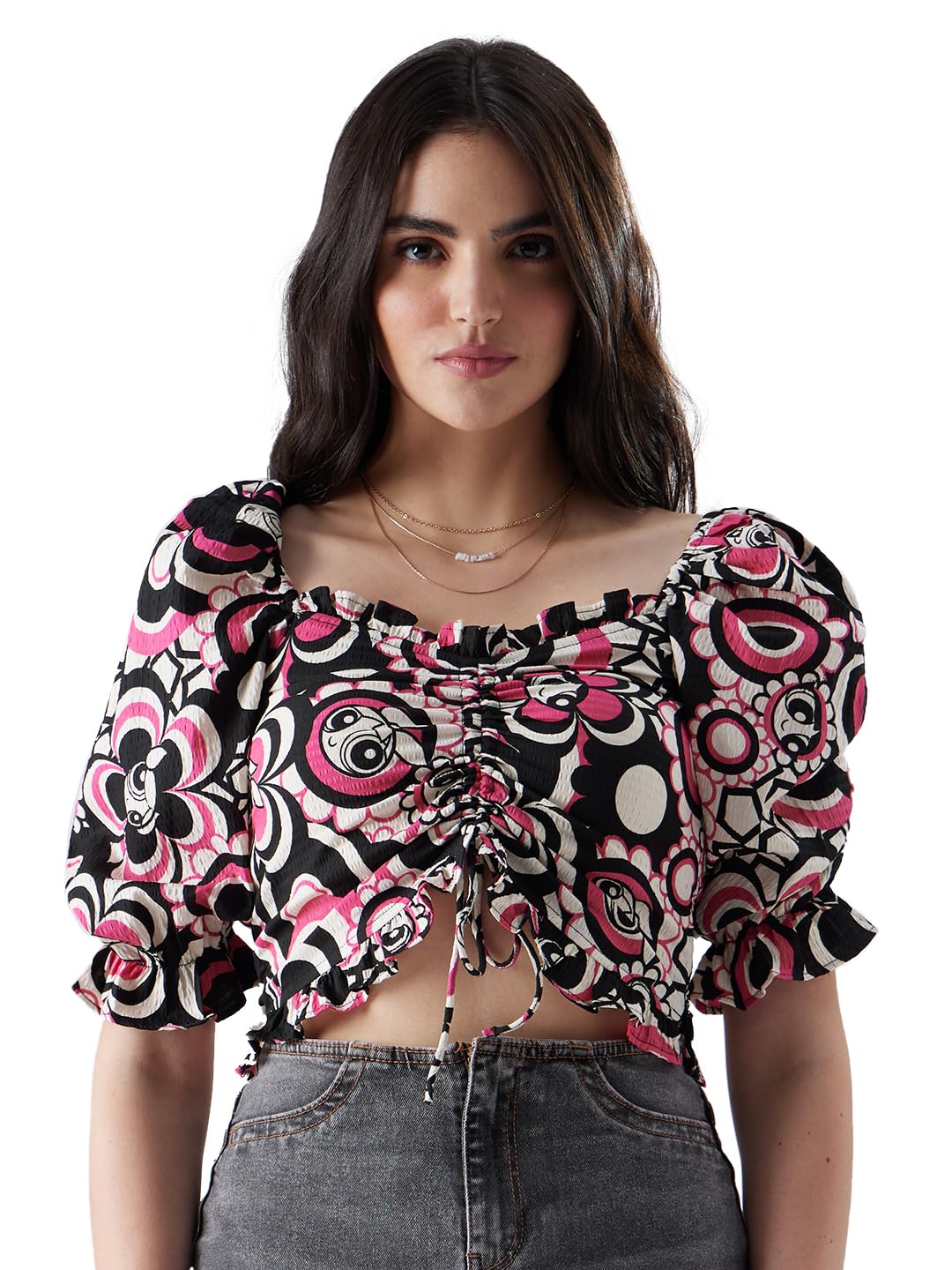 The Souled Store Official Powerpuff Girls: Flower Power Women and Girls Skinny Fit Half Sleeve Graphic Print Polyester Black Col