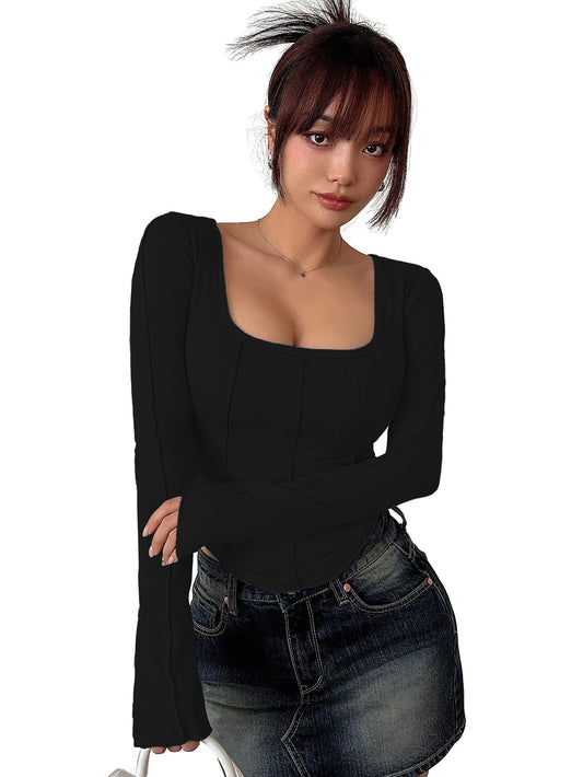 Sugathari Womens Black Solid Long Sleeve Wrap-Style Square Split Crew Neck Bodycon Women T-Shirt Spring and Summer Top, Minimal