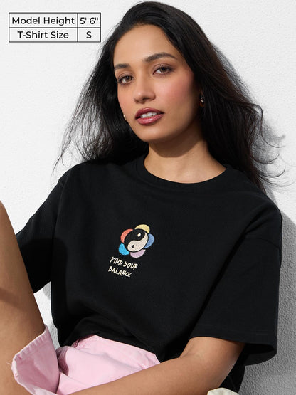 The Souled Store Textured T-Shirt: Find Your Balance Women and Girls Short Sleeves Round Neck Black Embroidered Cotton Relaxed F