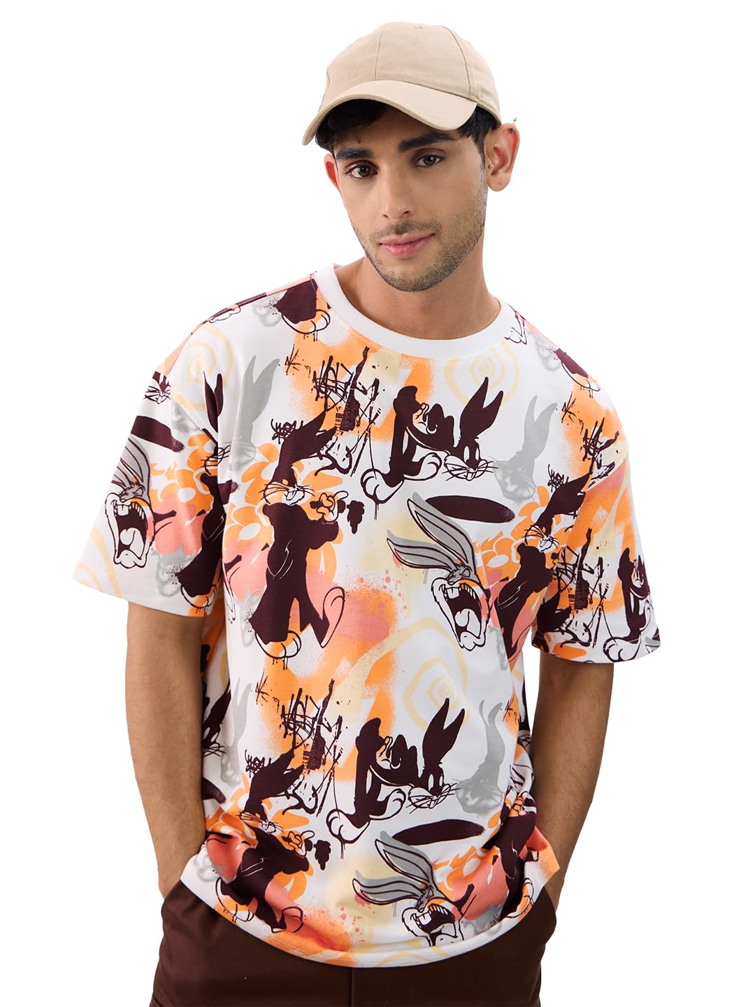 The Souled Store Official Looney Tunes: Bugs Bunny Men and Boys Short Sleeves Round Neck Multicolor All Over Printed Cotton Over