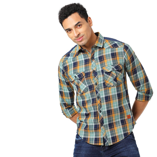 Campus Sutra Mens Multicolour Cargo Tartan Plaid Shirt for Casual Wear | Spread Collar | Long Sleeve | Button Closure | Cotton