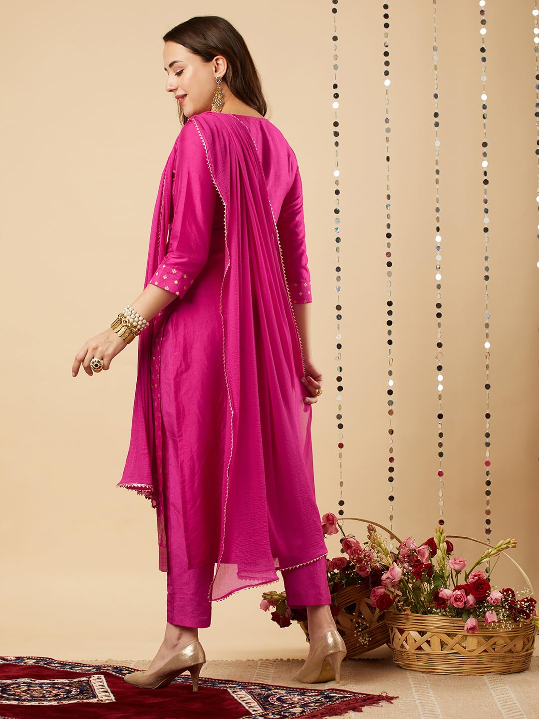 ANNI DESIGNER Women's Cotton Blend Printed Straight Kurta with Pant & Dupatta (Zaklina Rani_M_Pink_Medium)