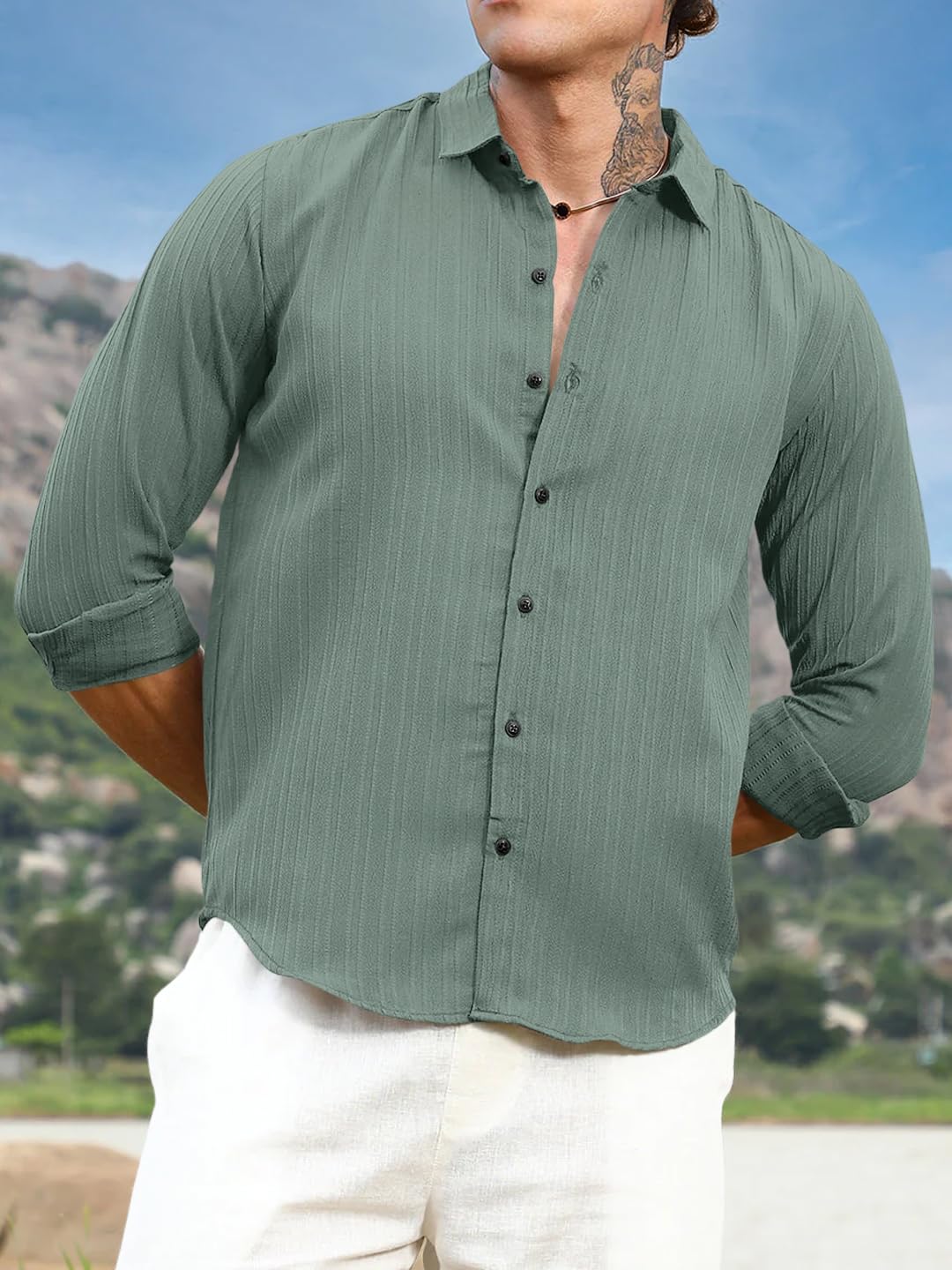 Finivo Fashion MenS Striped Cotton Casual Button Down Shirts Long Sleeve Textured Summer Beach Shirt For Men Green