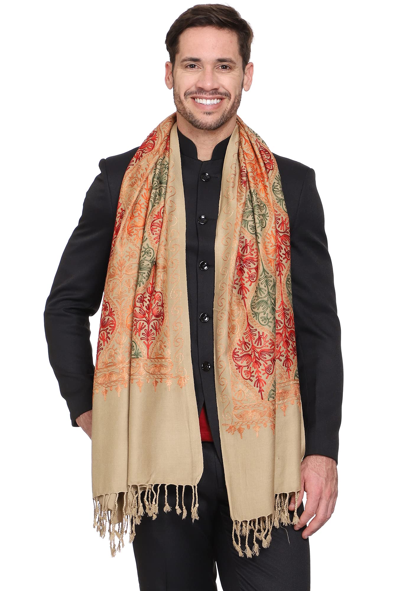 Weavers Villa Mens Matka Embroided Cashmilon Gents Shawls, Stoles, Muffler for Men, 70cm x 200cm