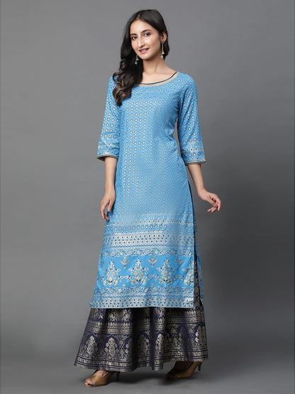 Aurelia Blue Foil Print Straight Long Kurta