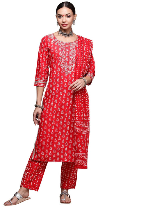 anubhutee Women's Cotton Red Abstract Printed Straight Kurta Suit Set With Pants And Dupatta