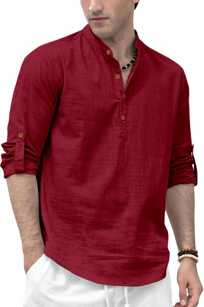 Zombom MenS Solid Cotton Blend Straight Kurta Shirt, Regular Fit Full Sleeve Short Kurta Shirt Maroon