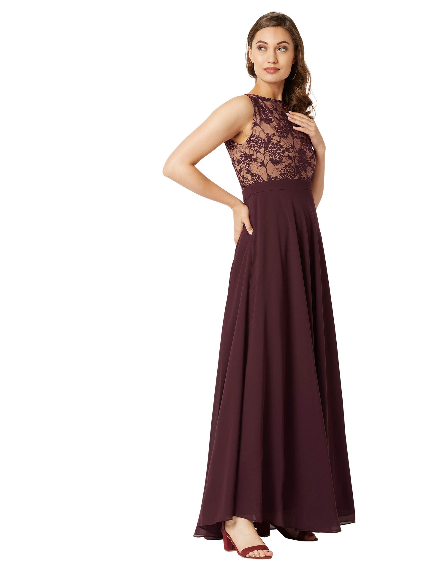 Miss Chase Womens Beige & Wine Round Neck Sleeveless Georgette Floral Lace Fit & Flare Maxi Dress (Mcaw19D08-57-217_Beige & Wine