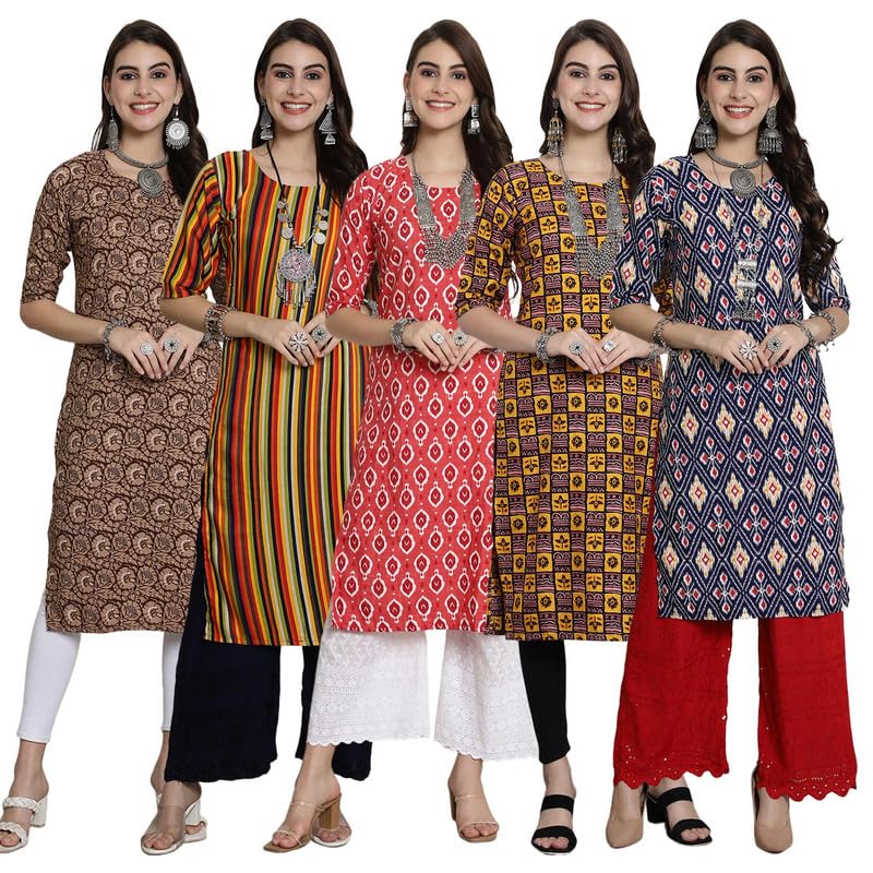 Pikmint WomenS Crepe Kurti For WomenS Ethnic Printed Kurti For WomenS (Pack Of 5)