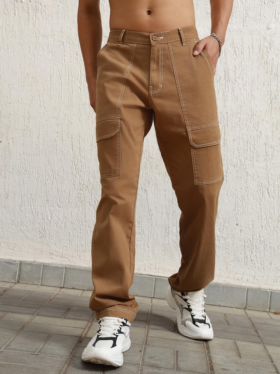Hubberholme Men Khaki Smart Casual Summer Cotton Loose Fit Solid Trousers_14