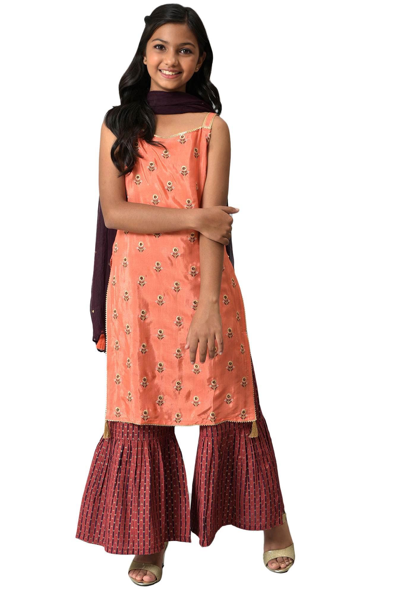Aurelia Girl's Viscose Kurta & Sharara & Dupatta (22AUG10274B-604092_Orange