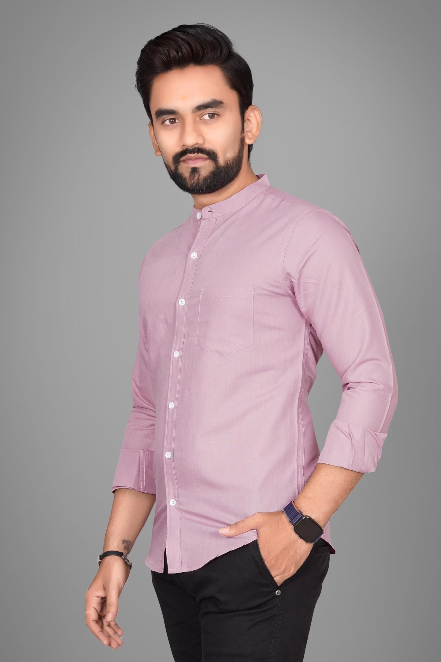 Besix MenS Cotton Solid Shirt With Mandarin Collared Full Sleeve Button Closure Curved Hem Straight Length And One Pocket | Mdr