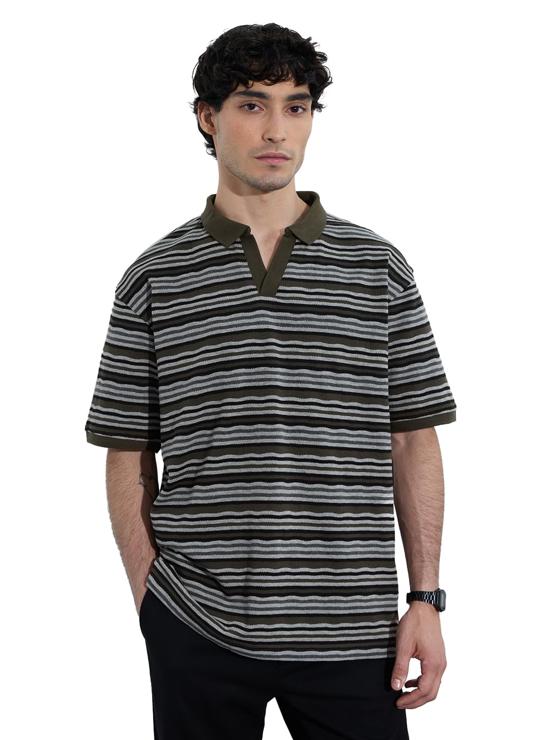 The Souled Store Textured T-Shirt: Olive Timber Men and Boys Short Sleeves Polo Collar Olive Striped Cotton Oversized T-Shirts