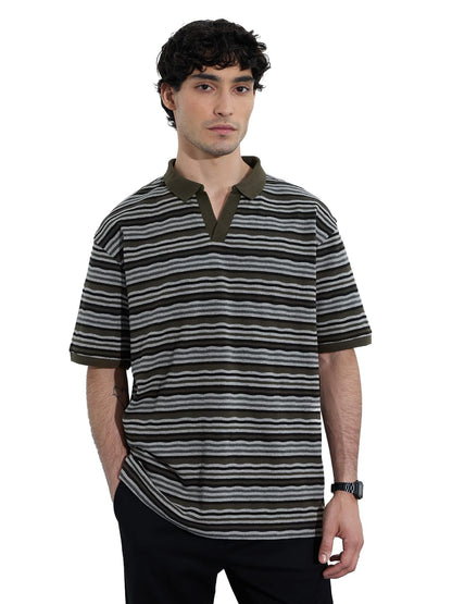 The Souled Store Textured T-Shirt: Olive Timber Men and Boys Short Sleeves Polo Collar Olive Striped Cotton Oversized T-Shirts