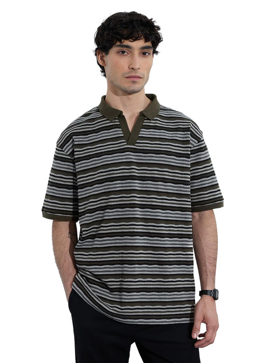 The Souled Store Textured T-Shirt: Olive Timber Men and Boys Short Sleeves Polo Collar Olive Striped Cotton Oversized T-Shirts