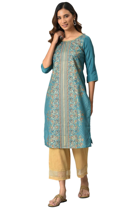 Green Floral Printed Sequined Ethnic Kurta