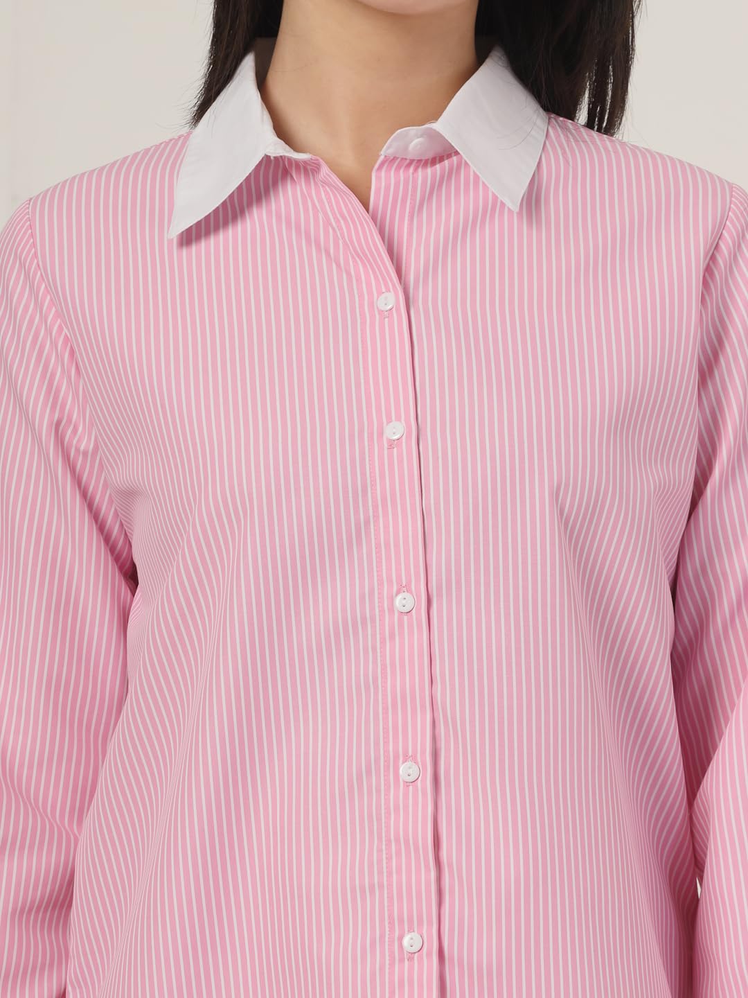 Style Quotient Women Stripe Pink and White Coloblock Polycotton Regular Formal Shirt