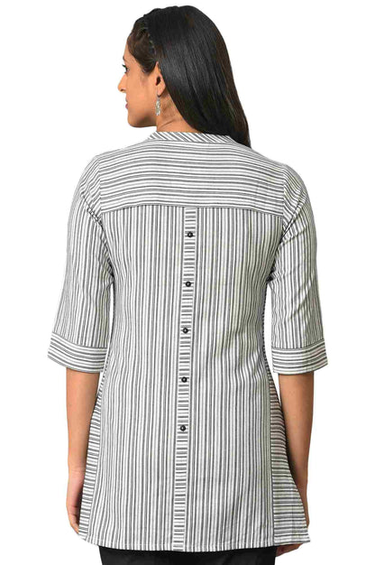 White Striped Collar Band With V-Slit Kurti