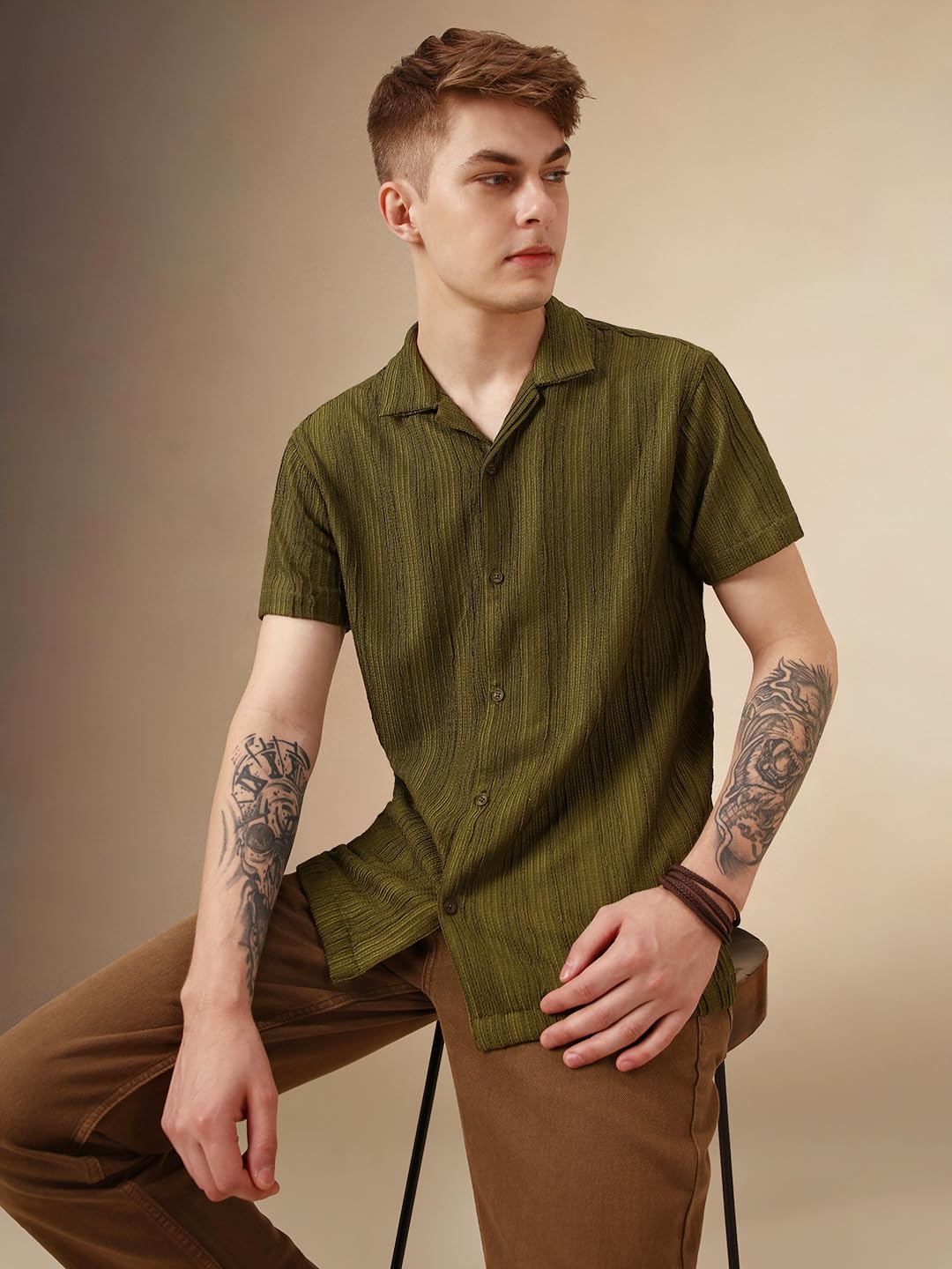 Dennis Lingo Men Olive Poly Seersucker Half Sleeve Shirt Collar Stripes Shirts