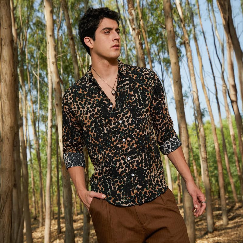 Campus Sutra Mens Yellow Ochre & Onyx Black Cheetah Imprint Shirt for Casual Wear | Spread Collar | Long Cuffed Sleeves | Butto