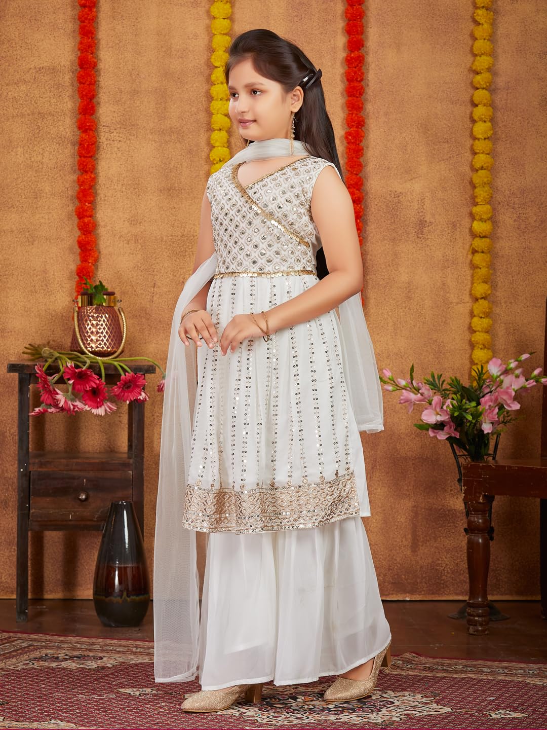 Aarika Girls Ethnic Wear Off White Colour Sequins Zari Embroidery Georgette Kurti Sharara Set (6-16 Years)