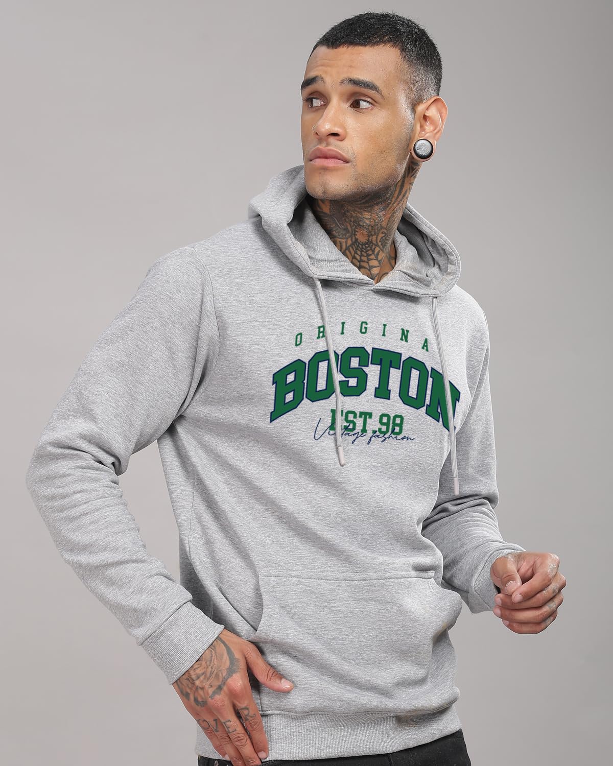ADRO Men's Cotton Neck Hooded Sweatshirt (H24-BOST-GR_Grey