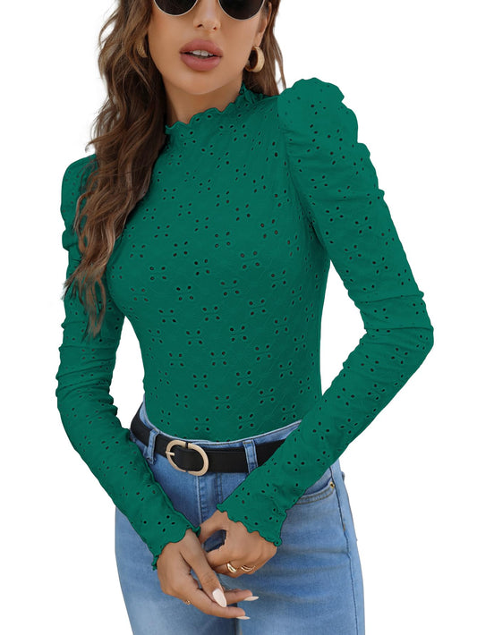 Sugathari Girls & Womens Teal Green Spring/Summer Slim Fit High Neck T-Shirt with Stand Collar, Cap Sleeves and Eyelet Embroid