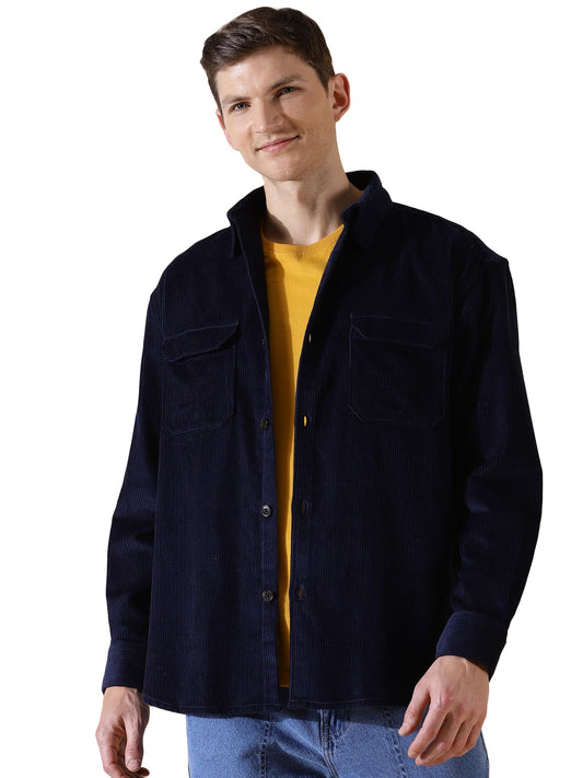 Thomas Scott Mens | Full Sleeve | Corduroy | Double Pockets | Relaxed Fit | 100% Cotton | Spread Collar | Casual | Shirts (Navy_