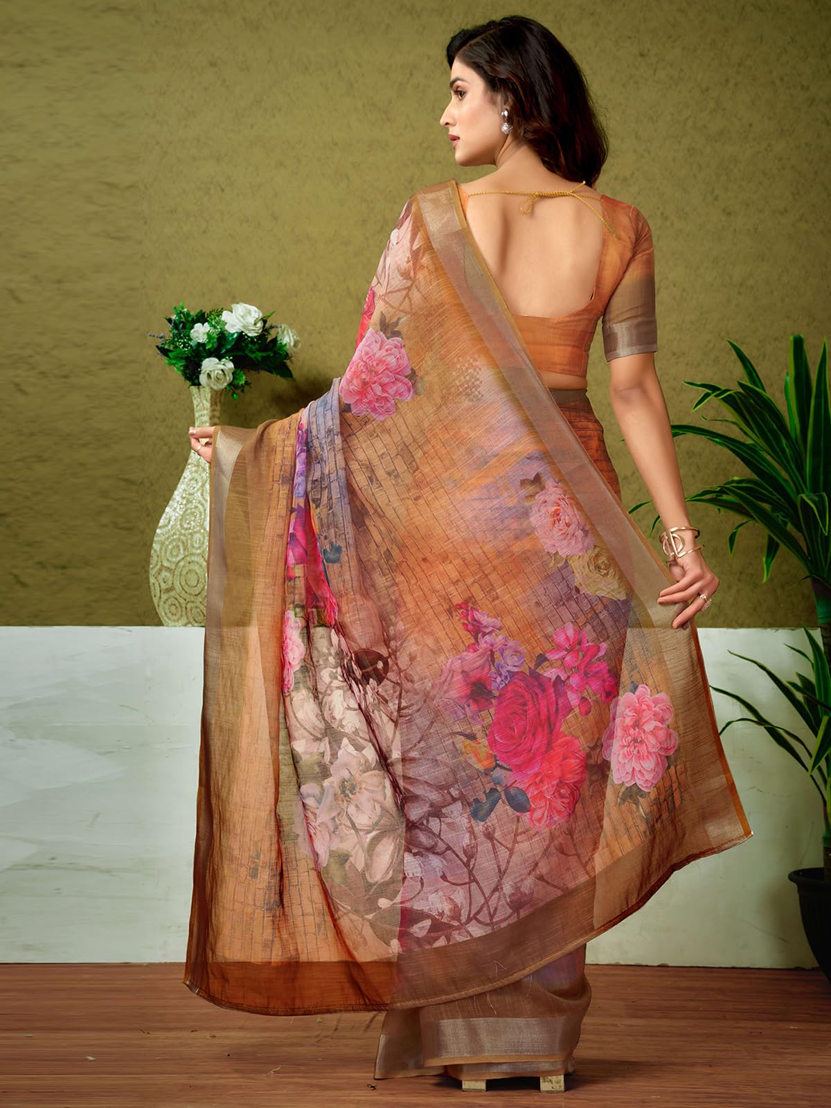 Satrani WomenS Linen Zari Border Printed Ready To Wear One Minute Pre Pleated Readymade Saree With Unstitched Blouse Piece (33R