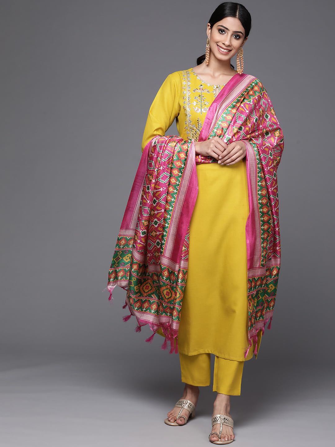 Varanga Women Yellow Yoke Design Kurta With Trousers And Dupatta Set  Embroidered Straight Kurta With Round Collar, Three-Quarte