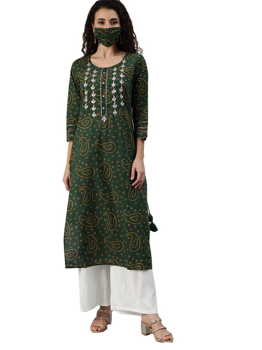 ishin Women's Cotton A-Line Embellished Gotta Patti Bandhani Print Green Kurti