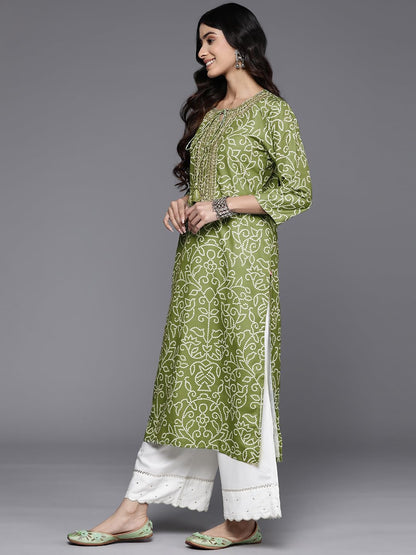 Varanga Women Olive Bhandhani Print Gota Yoke Embroidered Kurta With Round Neck, Tassel Detailing, Three-Quarter Sleeves, Straig