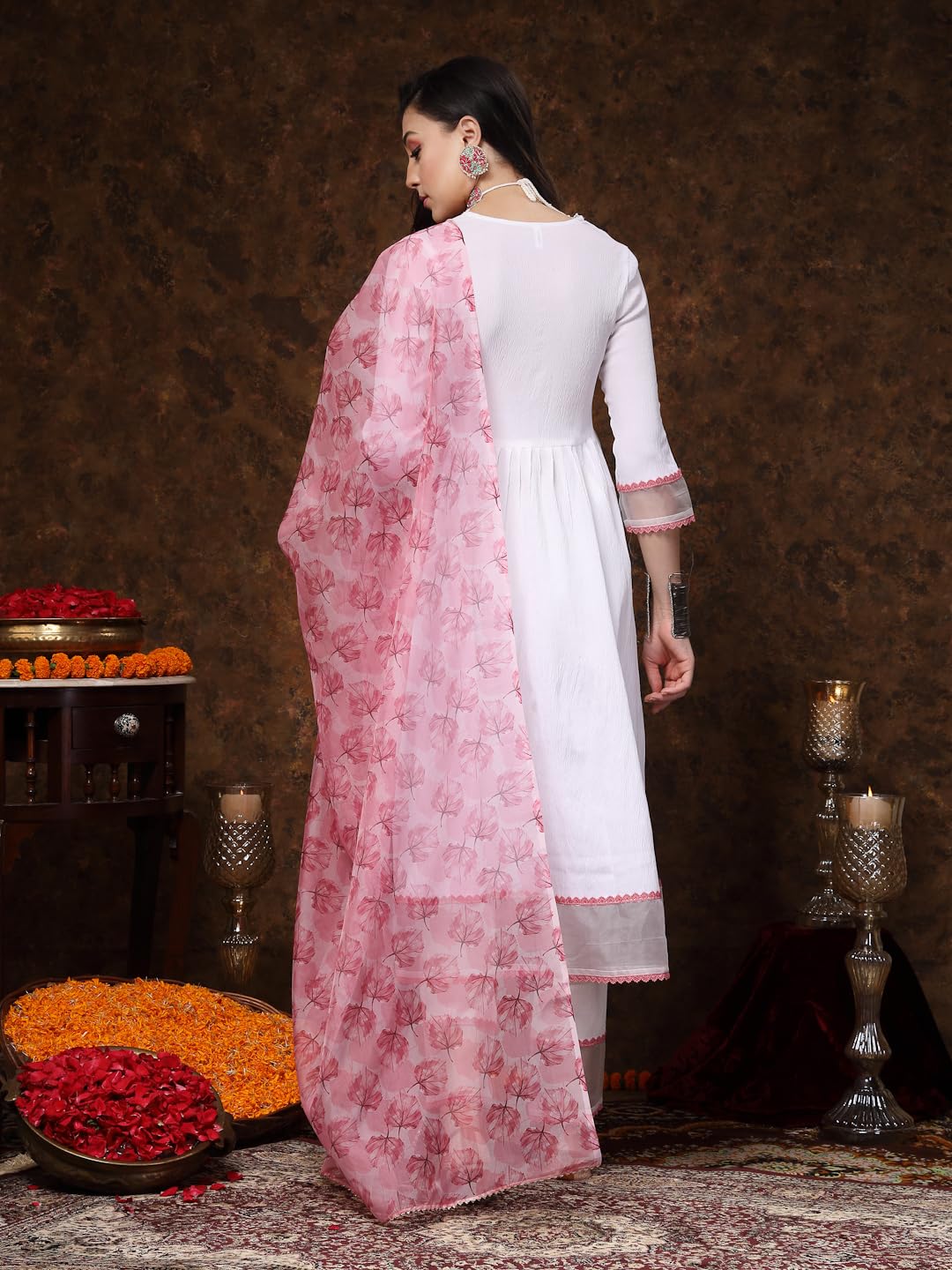 Stylum WomenS White Solid & Embroidered Italian Crush Anarkali Kurta Pant Dupatta Set