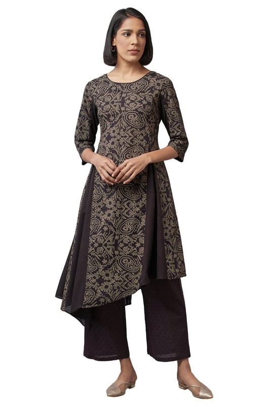 W for Woman Cotton Women Floral Print Asymmetric Regular Kurta in Round Neck