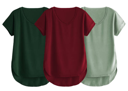 Fabricorn Combo Of Three Plain Maroon, Bottle Green And Sage Green V-Neck Up And Down Cotton Tshirt For Women (Maroon, Bottle Gr