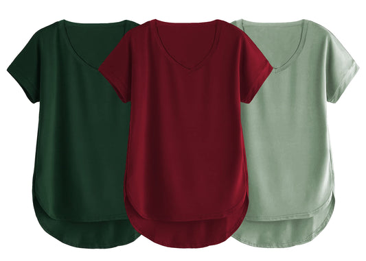 Fabricorn Combo Of Three Plain Maroon, Bottle Green And Sage Green V-Neck Up And Down Cotton Tshirt For Women (Maroon, Bottle Gr